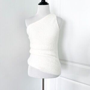 by Anthropologie Ivory White Fuzzy Knit One Shoulder Ruched Side Top